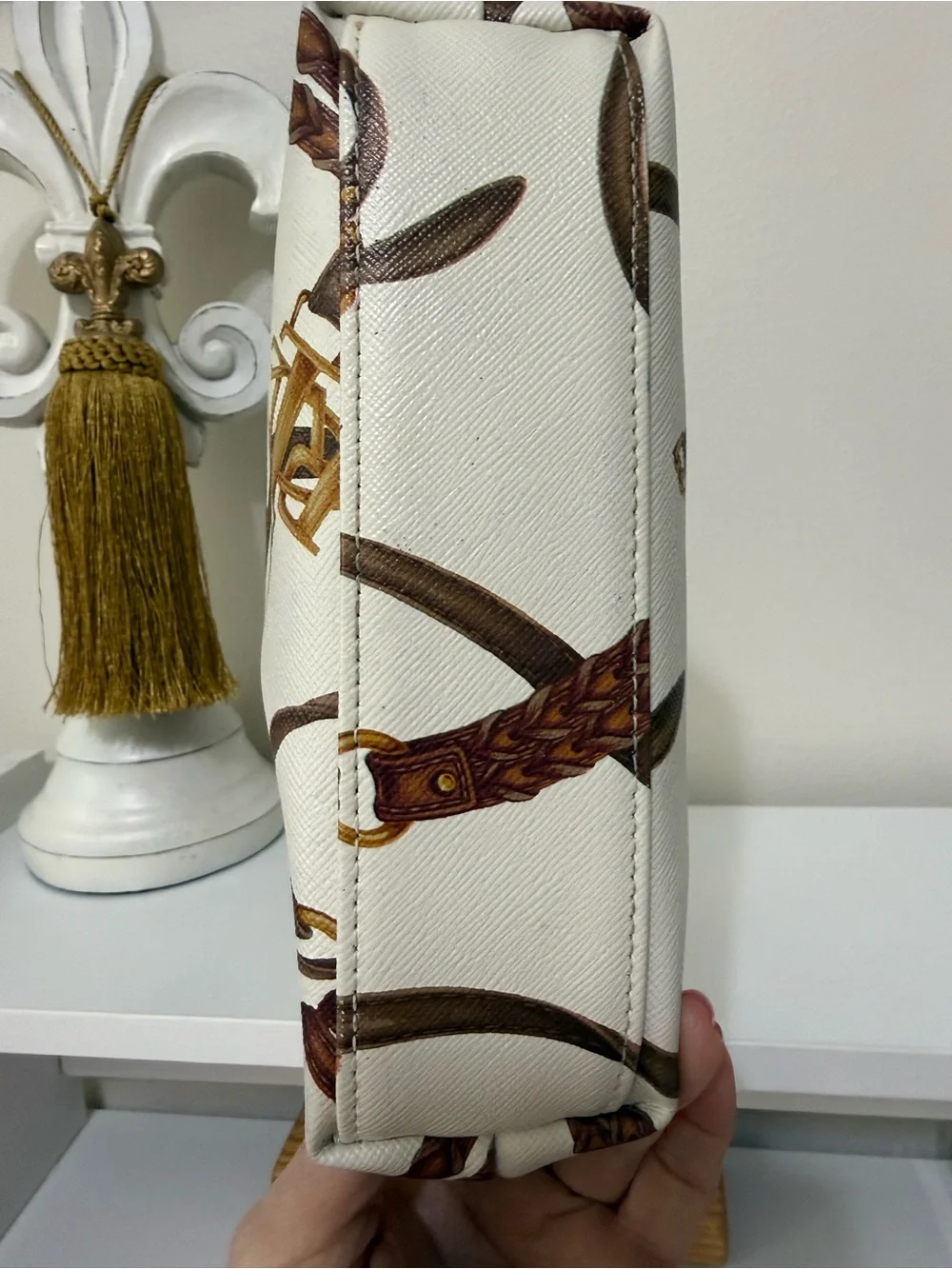 Vintage Ralph Lauren Cream and Brown Women's Cosmetic Wristlet